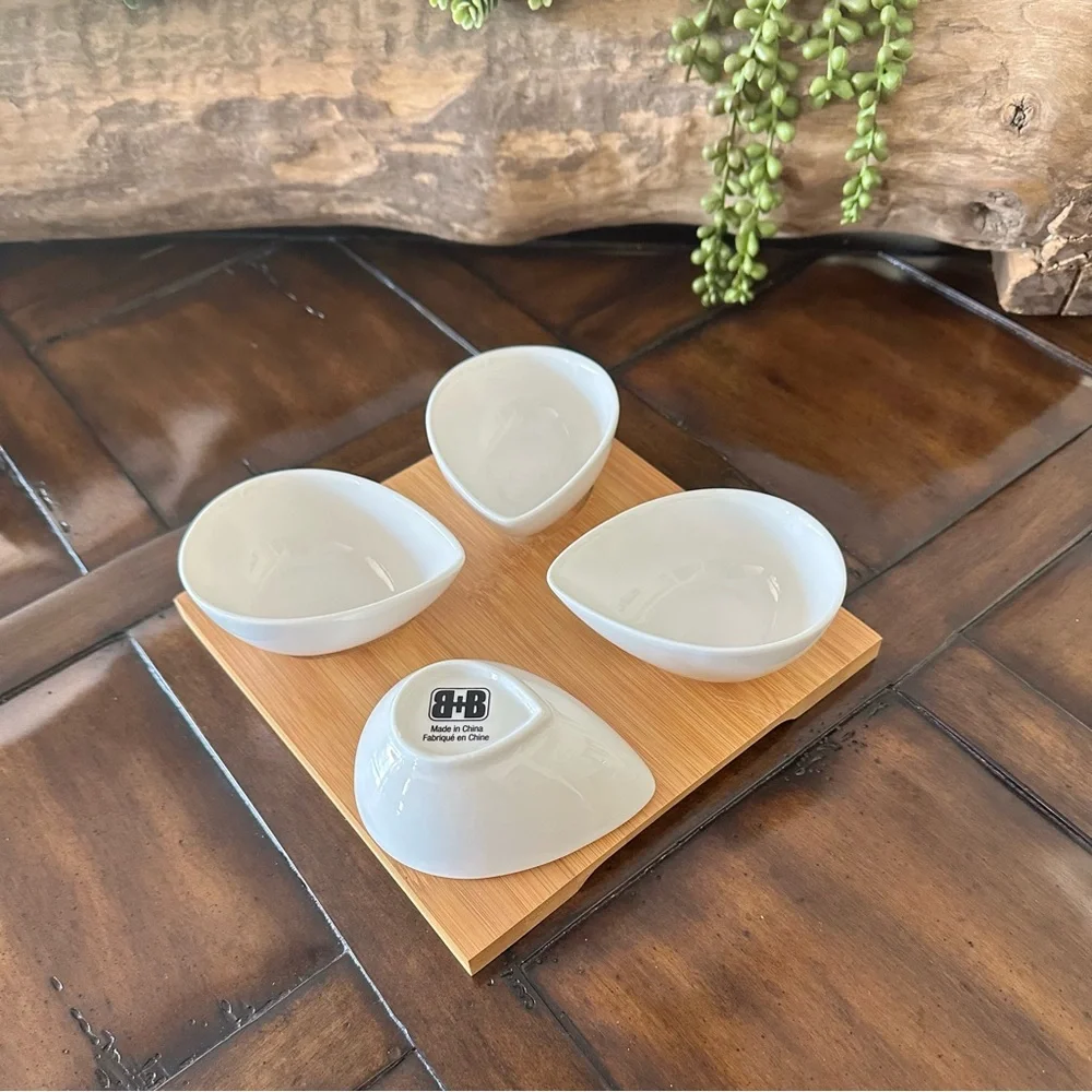 Ceramic Dipping Bowls with Wood Serving Tray